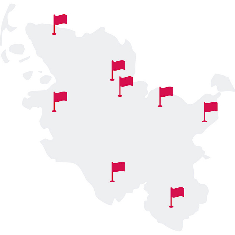 Bild zeigt eine Karte von Schleswig-Holstein mit kleinen roten Fahnen an verschiedenen Punkten.